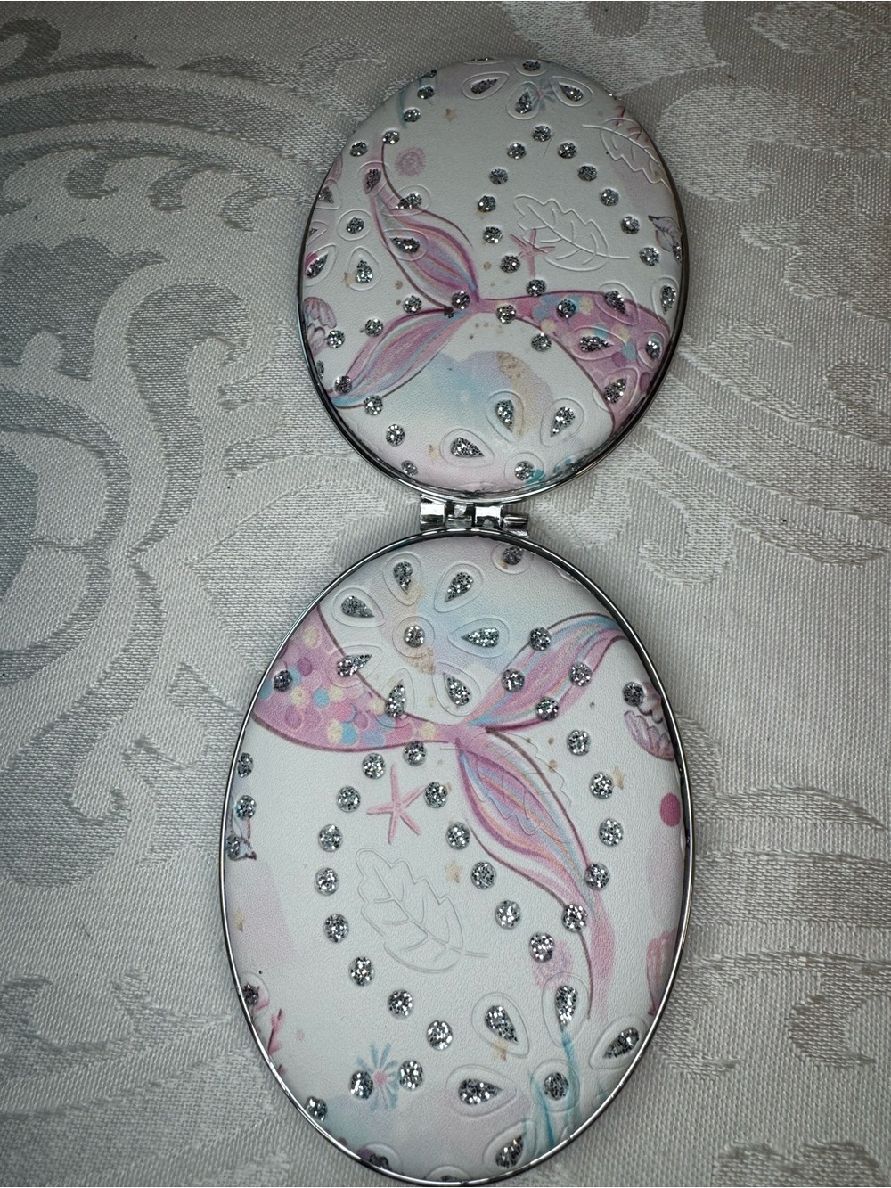 New Mermaid Compact Mirror with Rhinestones - Pink & White